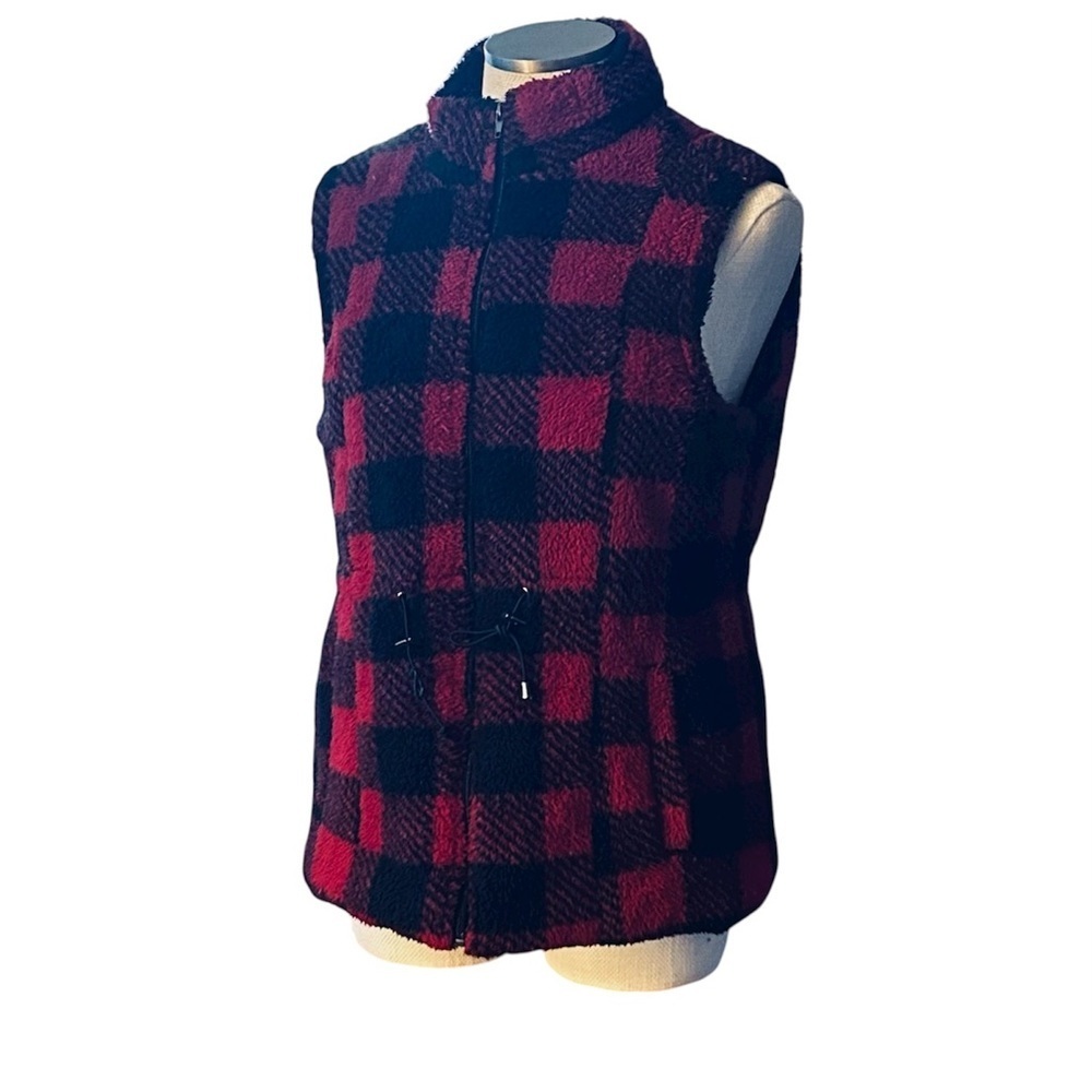 Jason Maxwell Plaid Fleece Fuzzy Vest Black & Dark Red Large Zipper Thick Large